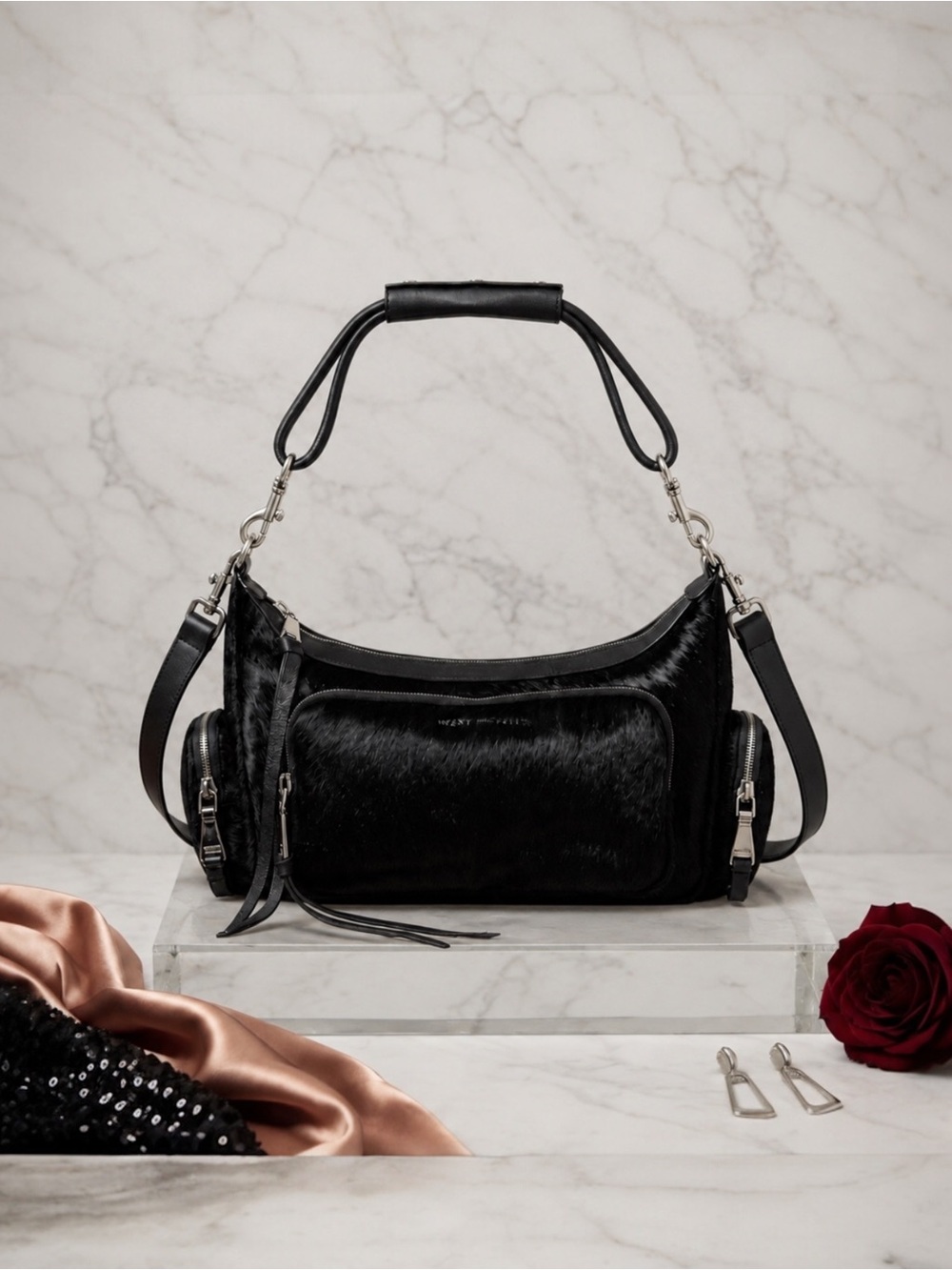 Aimee Kestenberg Away We Go Black Calf Hair Shoulder Bag Convertible Purse